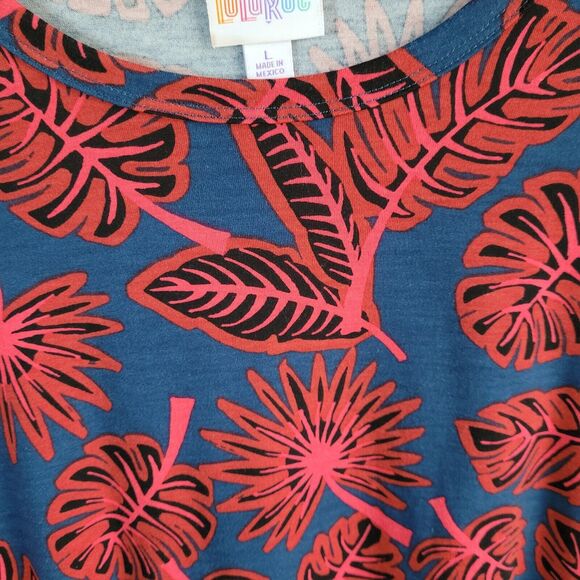 Lularoe Dress Size L Floral Palm Leaves Blue Red Marly Pockets - Picture 8 of 16